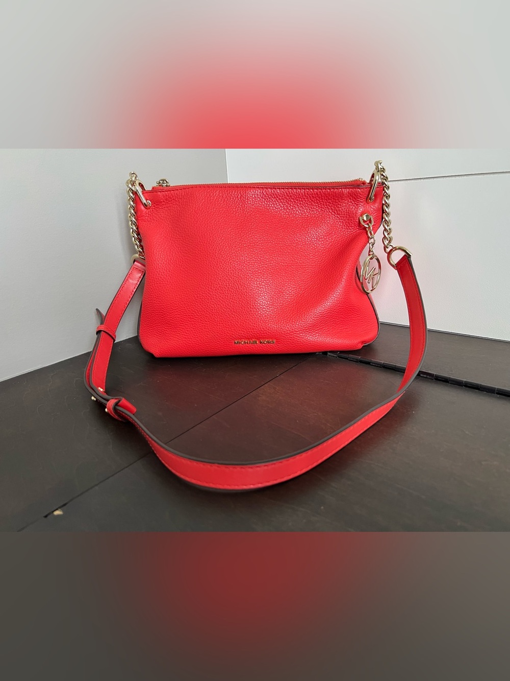 Michael Kors Bright Red Pebble Leather Chain Crossbody